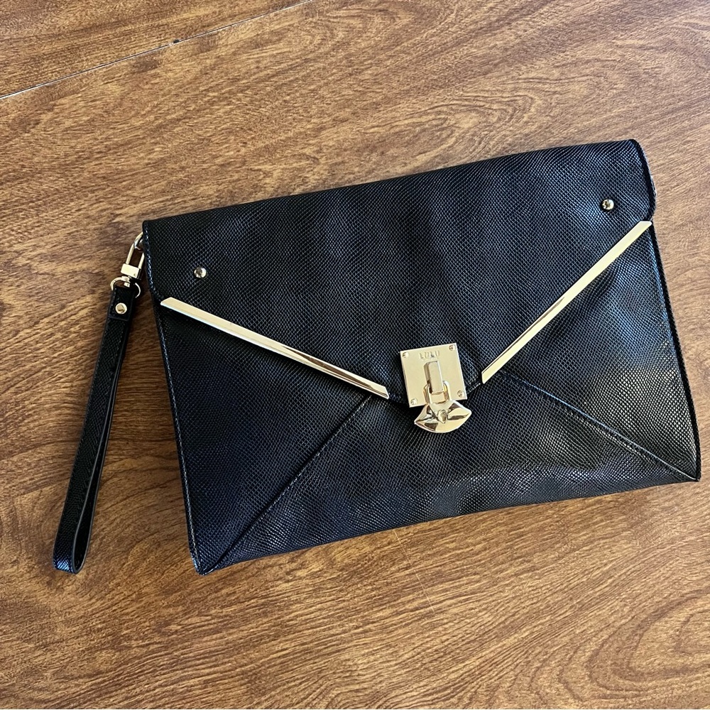 Lulu Black Faux Leather Gold Hardware Magnetic Snap Closure envelope Clutch